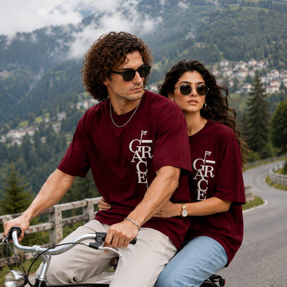By Grace Couple Oversized Cotton Lycra Puff Print T-Shirt | Matching Round Neck Tee
