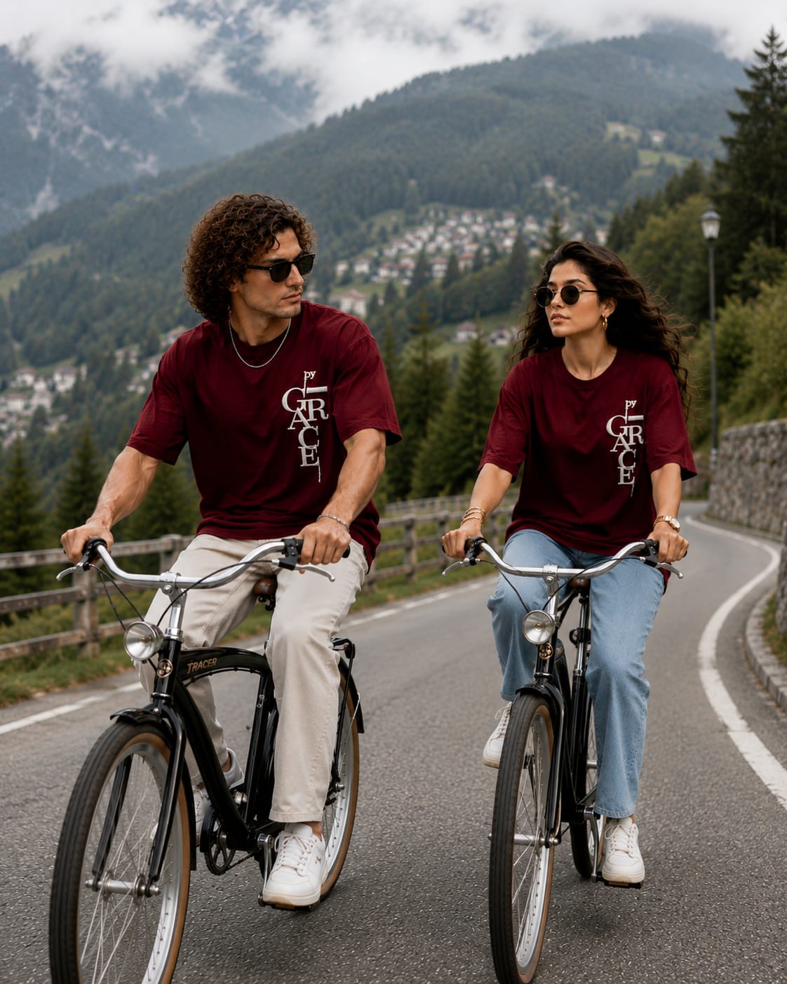By Grace Couple Oversized Cotton Lycra Puff Print T-Shirt | Matching Round Neck Tee