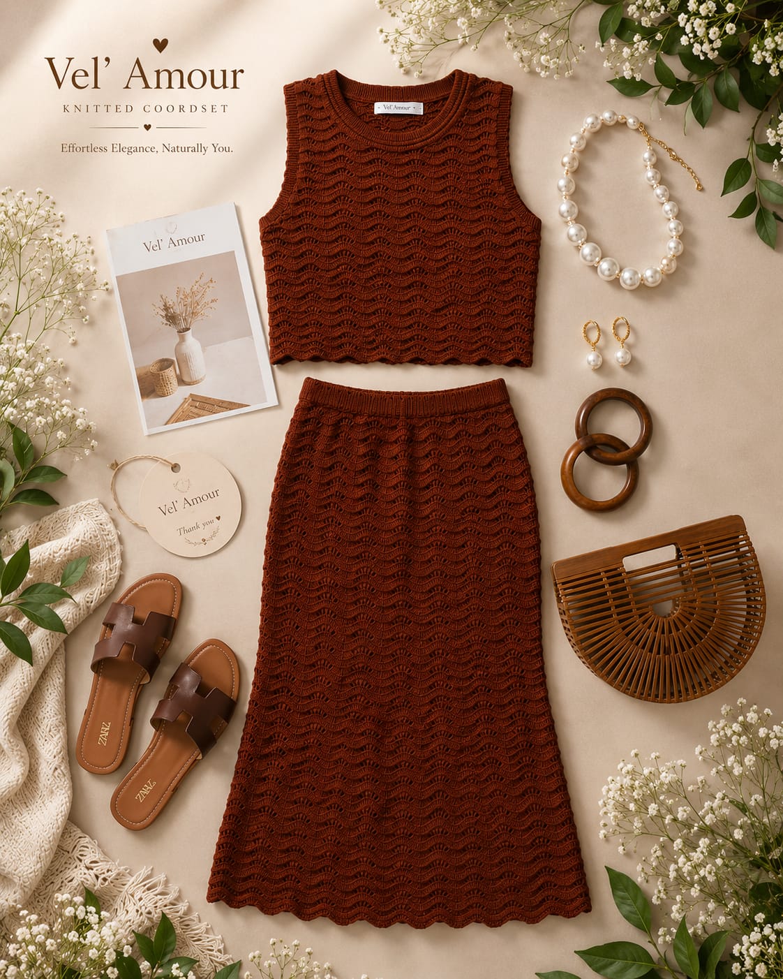 Rust Brown Knitted Co-Ord Set with Long Skirt for Women