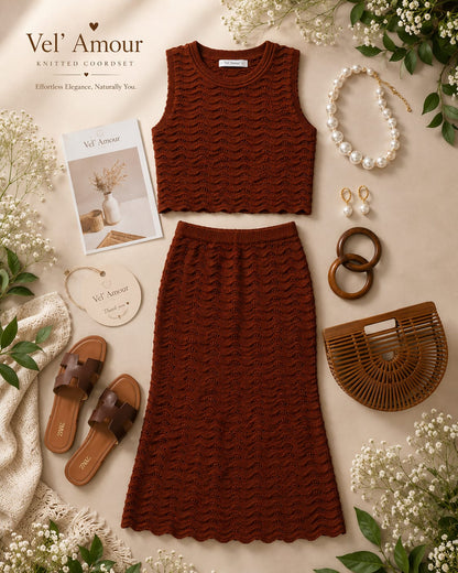 Rust Brown Knitted Co-Ord Set with Long Skirt for Women
