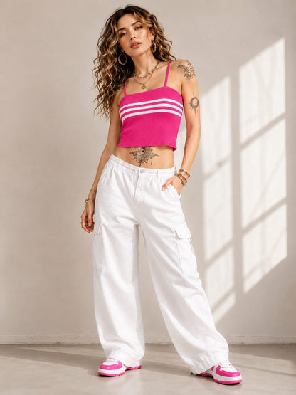Women’s Hot Pink Knitted Crop Top | Sleeveless Striped Summer Tank Top | Stretchable Ribbed Knit Camisole