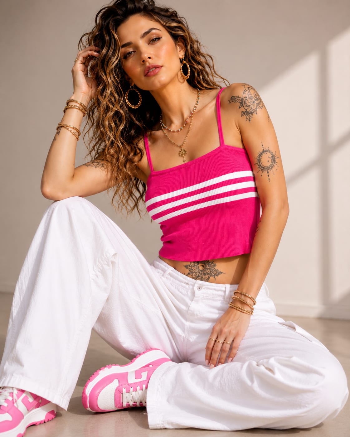 Women’s Hot Pink Knitted Crop Top | Sleeveless Striped Summer Tank Top | Stretchable Ribbed Knit Camisole