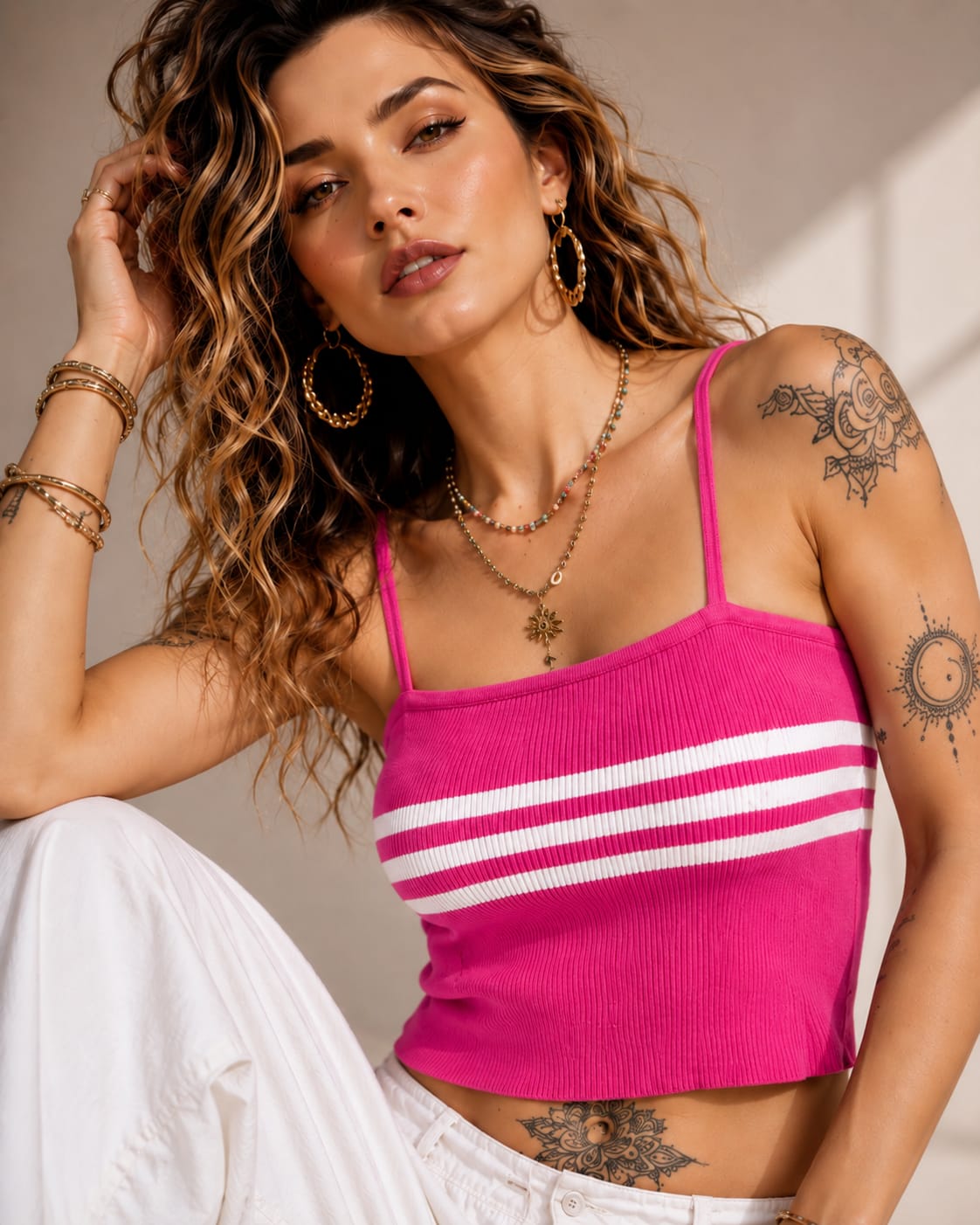 Women’s Hot Pink Knitted Crop Top | Sleeveless Striped Summer Tank Top | Stretchable Ribbed Knit Camisole