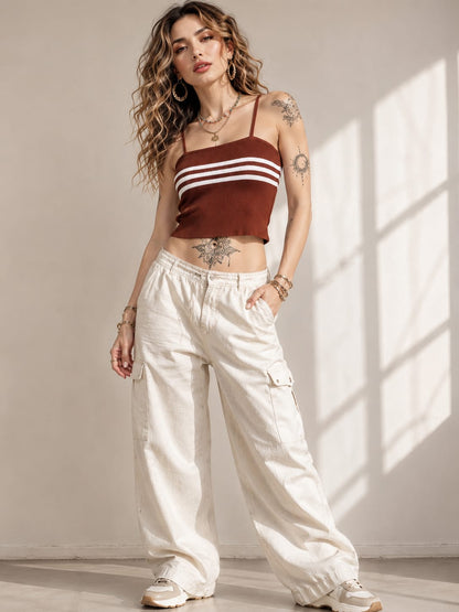 Rust Brown Knitted Crop Top | Sleeveless Striped Summer Tank Top | Stretchable Ribbed Knit Camisole