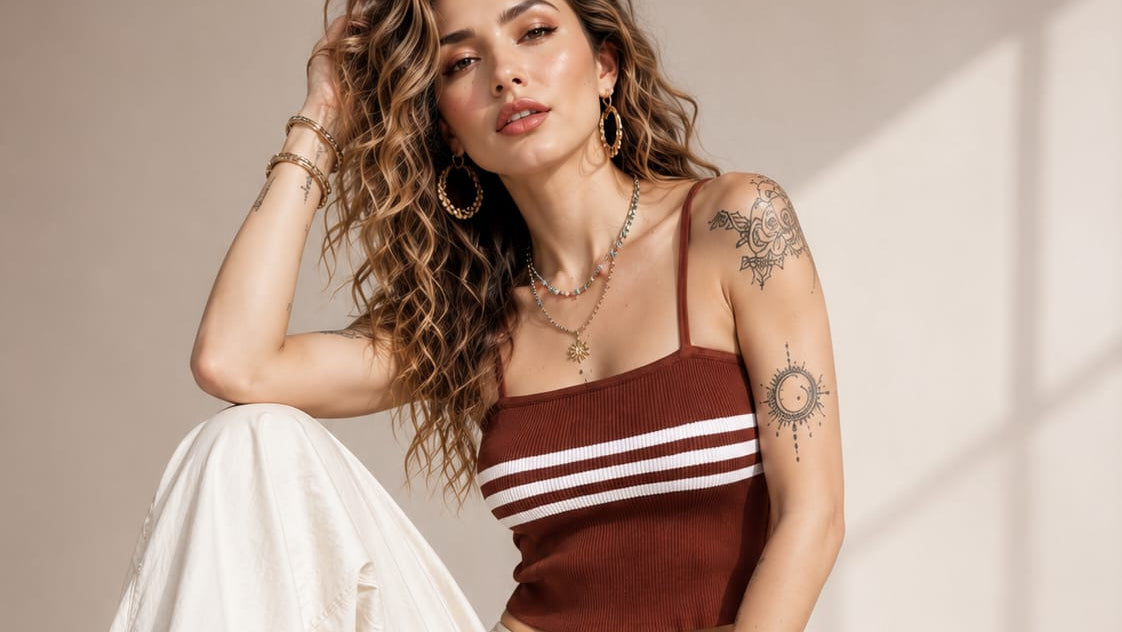 Rust Brown Knitted Crop Top | Sleeveless Striped Summer Tank Top | Stretchable Ribbed Knit Camisole
