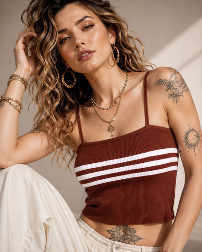 Rust Brown Knitted Crop Top | Sleeveless Striped Summer Tank Top | Stretchable Ribbed Knit Camisole