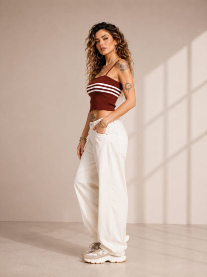 Rust Brown Knitted Crop Top | Sleeveless Striped Summer Tank Top | Stretchable Ribbed Knit Camisole