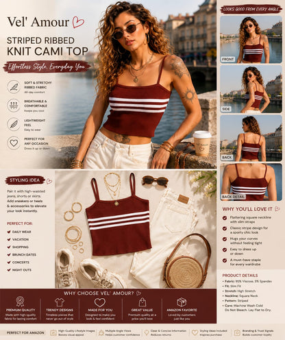 Rust Brown Knitted Crop Top | Sleeveless Striped Summer Tank Top | Stretchable Ribbed Knit Camisole