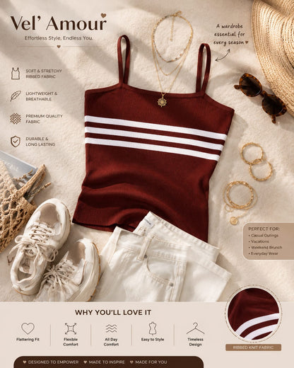 Rust Brown Knitted Crop Top | Sleeveless Striped Summer Tank Top | Stretchable Ribbed Knit Camisole