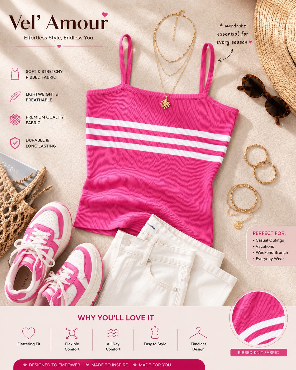 Women’s Hot Pink Knitted Crop Top | Sleeveless Striped Summer Tank Top | Stretchable Ribbed Knit Camisole