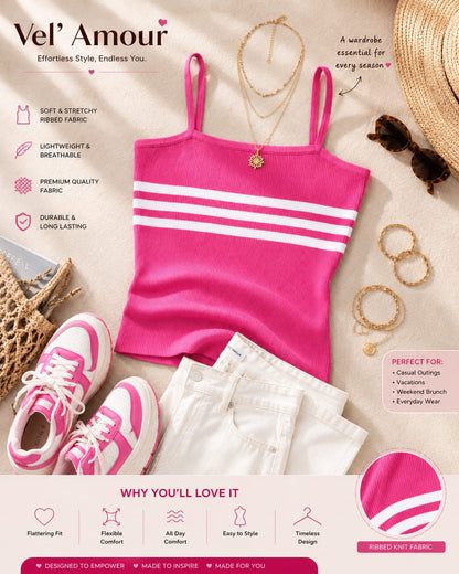 Women’s Hot Pink Knitted Crop Top | Sleeveless Striped Summer Tank Top | Stretchable Ribbed Knit Camisole