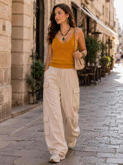 Women’s Mustard Yellow Knitted Camisole Top | Sleeveless V-Neck Summer Knit Top | Soft Stretchable Tank Top