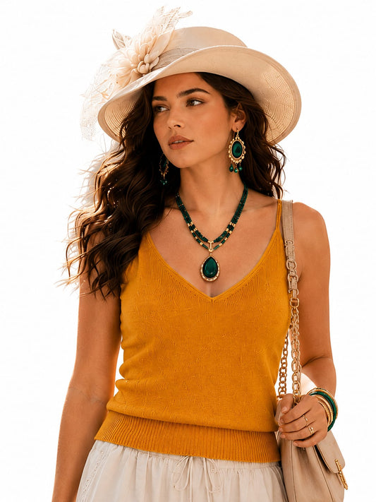 Women’s Mustard Yellow Knitted Camisole Top | Sleeveless V-Neck Summer Knit Top | Soft Stretchable Tank Top