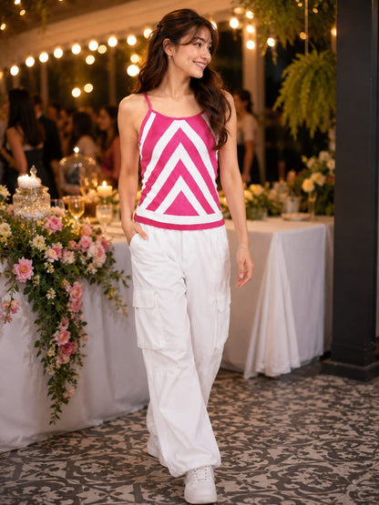 Teen Girls Pink & White Knitted Cami Top | Geometric Sleeveless Summer Top | Soft Stretch Knitwear