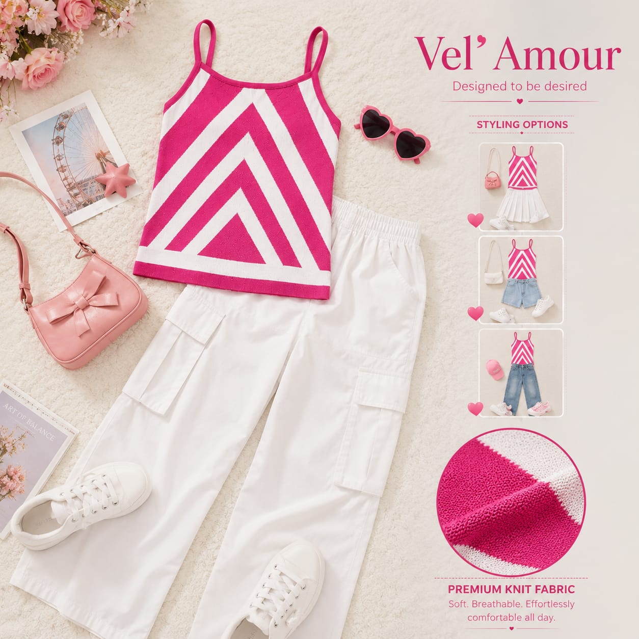 Teen Girls Pink & White Knitted Cami Top | Geometric Sleeveless Summer Top | Soft Stretch Knitwear