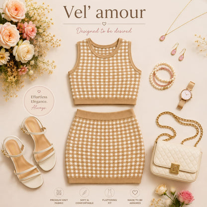 Women’s Beige & White Cotton Knitted Co-Ord Set Midi Dress | Lightweight & Comfortable | S-2XL