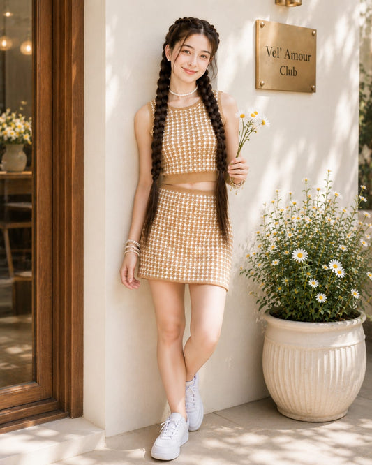 Teen Girls Beige Knitted Co-Ord Set with Mini Skirt