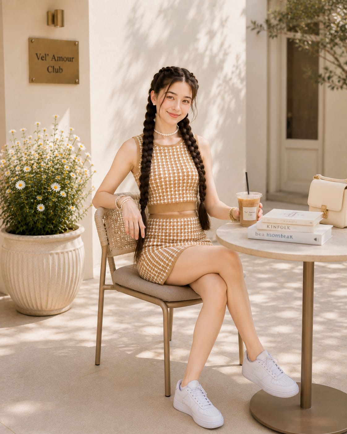 Teen Girls Beige Knitted Co-Ord Set with Mini Skirt
