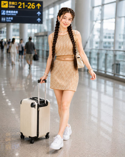 Teen Girls Beige Knitted Co-Ord Set with Mini Skirt