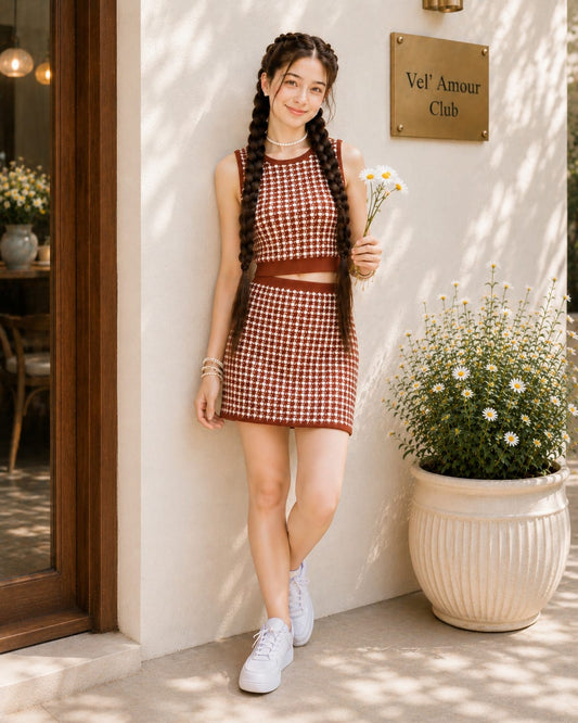 Teen Girl Brown Knitted Coord Set Midi Skirt Dress | Soft Houndstooth Co-Ord Set – Vel’ Amour