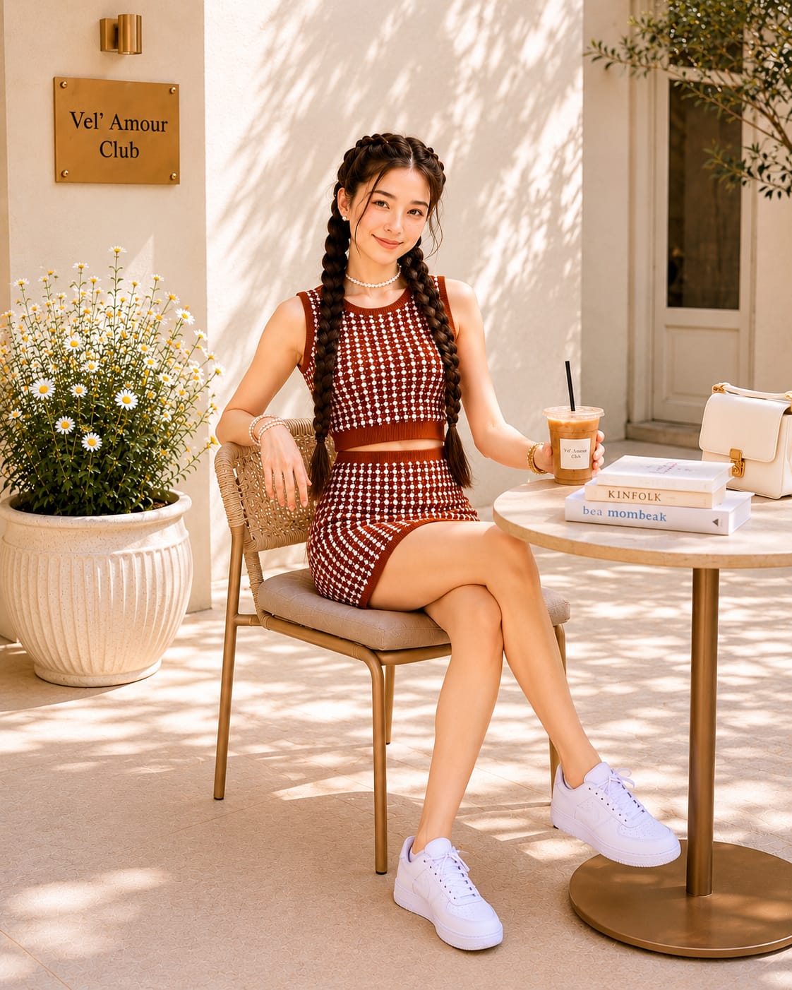 Teen Girl Brown Knitted Coord Set Midi Skirt Dress | Soft Houndstooth Co-Ord Set – Vel’ Amour