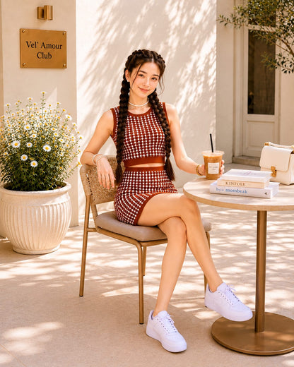 Teen Girl Brown Knitted Coord Set Midi Skirt Dress | Soft Houndstooth Co-Ord Set – Vel’ Amour