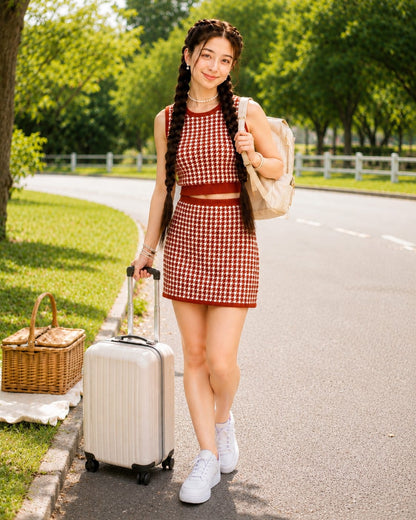 Teen Girl Brown Knitted Coord Set Midi Skirt Dress | Soft Houndstooth Co-Ord Set – Vel’ Amour