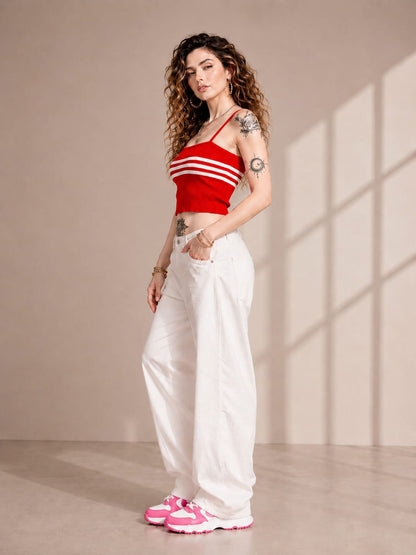 Women's Cotton Knitted Ribbed Stripe Camisole Top – Red | S to XL