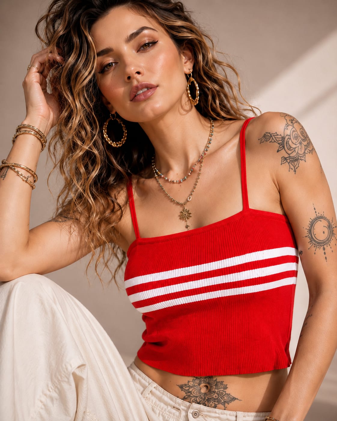 Women's Cotton Knitted Ribbed Stripe Camisole Top – Red | S to XL