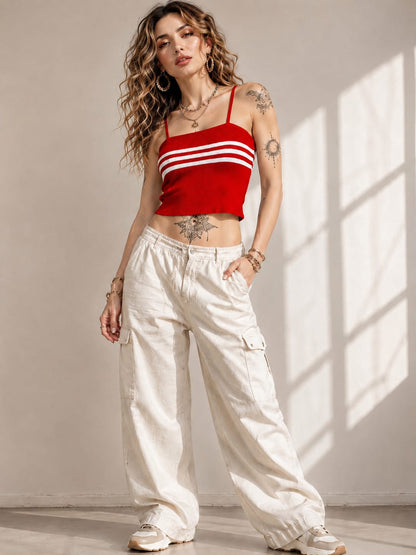 Women's Cotton Knitted Ribbed Stripe Camisole Top – Red | S to XL