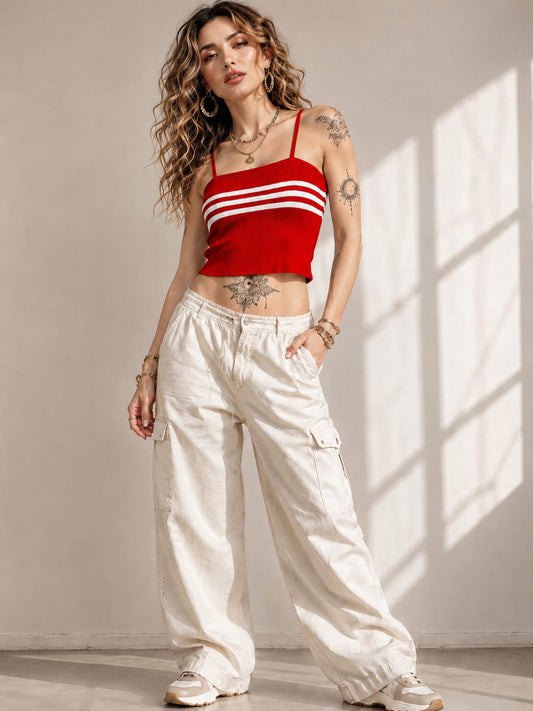 Women's Cotton Knitted Ribbed Stripe Camisole Top – Red | S to XL