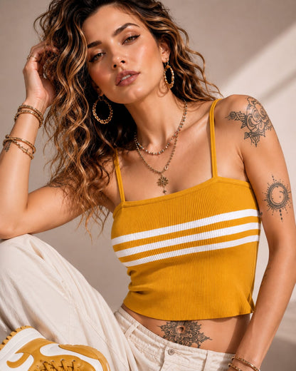 Women's Cotton Knitted Ribbed Stripe Camisole Top – Yellow | S to XL