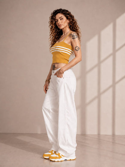 Women's Cotton Knitted Ribbed Stripe Camisole Top – Yellow | S to XL