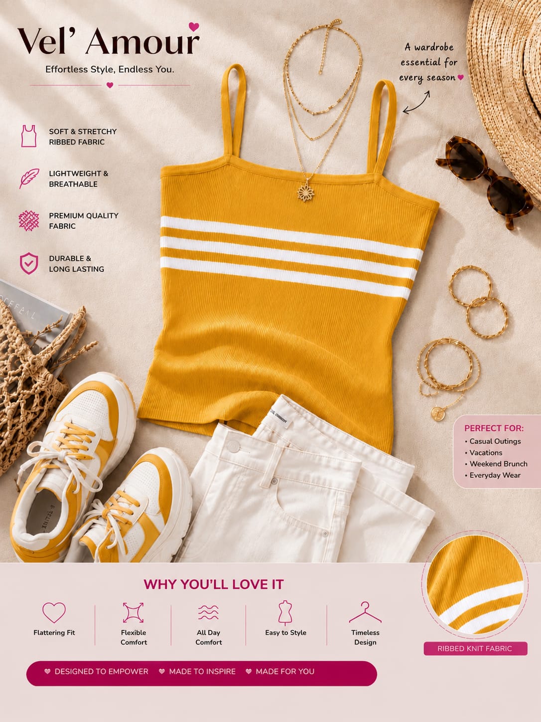 Women's Cotton Knitted Ribbed Stripe Camisole Top – Yellow | S to XL