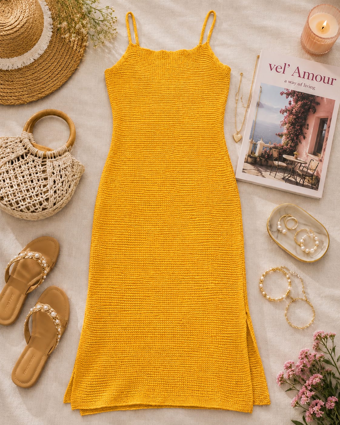 Women's Cotton Knitted Maxi Dress – Sleeveless Bodycon Beach Dress with Side Slits | Yellow | S-XXL