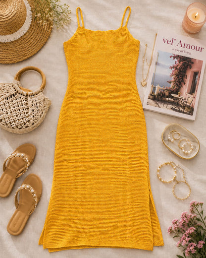 Women's Cotton Knitted Maxi Dress – Sleeveless Bodycon Beach Dress with Side Slits | Yellow | S-XXL