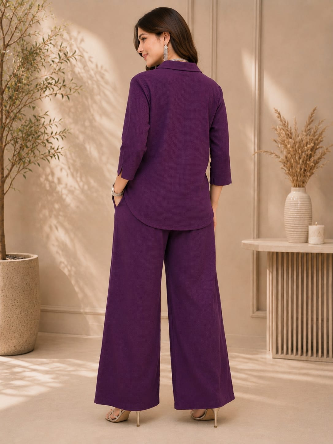 Women's Purple Textured Shirt & Wide-Leg Co-Ord Set | Casual Chic Two-Piece Outfit