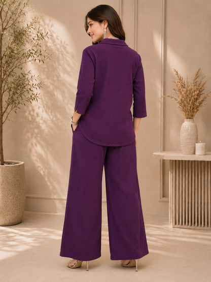 Women's Purple Textured Shirt & Wide-Leg Co-Ord Set | Casual Chic Two-Piece Outfit