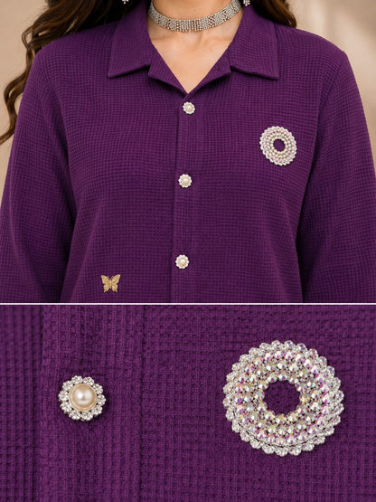 Women's Purple Textured Shirt & Wide-Leg Co-Ord Set | Casual Chic Two-Piece Outfit