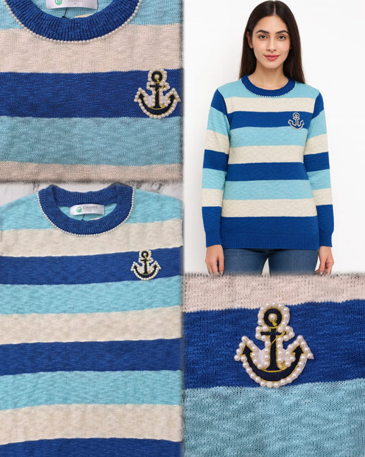 Women’s Striped Pearl Anchor Knit Sweater – Semi Winter Wear - PIRATES 2025
