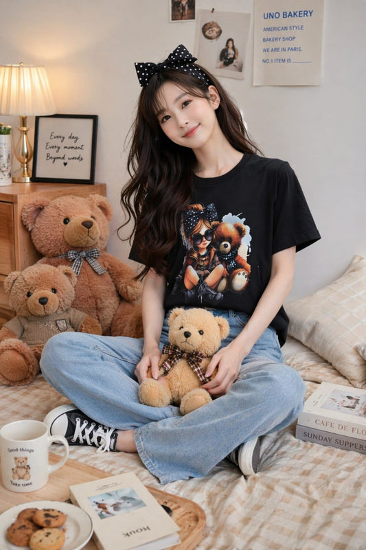 Trendy Girl With Teddy – Women’s Graphic T-Shirt
