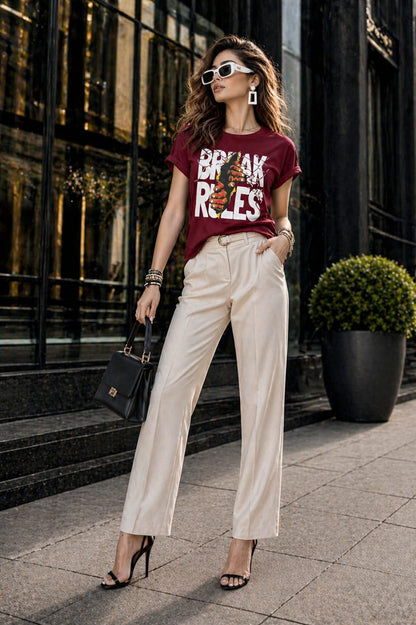 Woman Lycra T-Shirt - Break Rule Graphic Print Slim Fit Tee