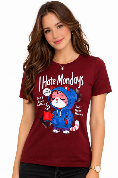 Women’s Cotton Lycra Graphic T-Shirt Slim Fit | Funny Cat Print Tee XS-L