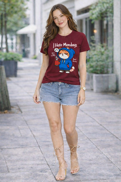 Women’s Cotton Lycra Graphic T-Shirt Slim Fit | Funny Cat Print Tee XS-L