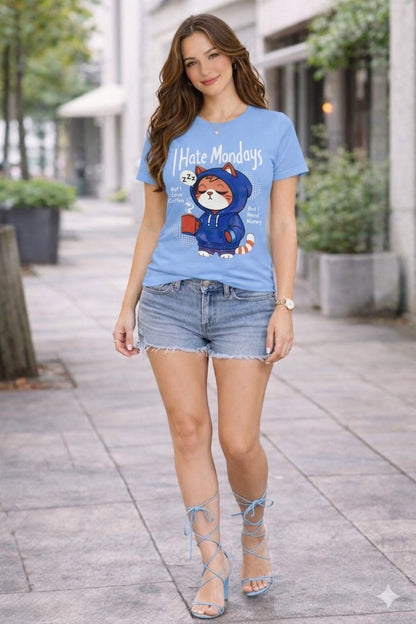 Women’s Cotton Lycra Graphic T-Shirt Slim Fit | Funny Cat Print Tee XS-L