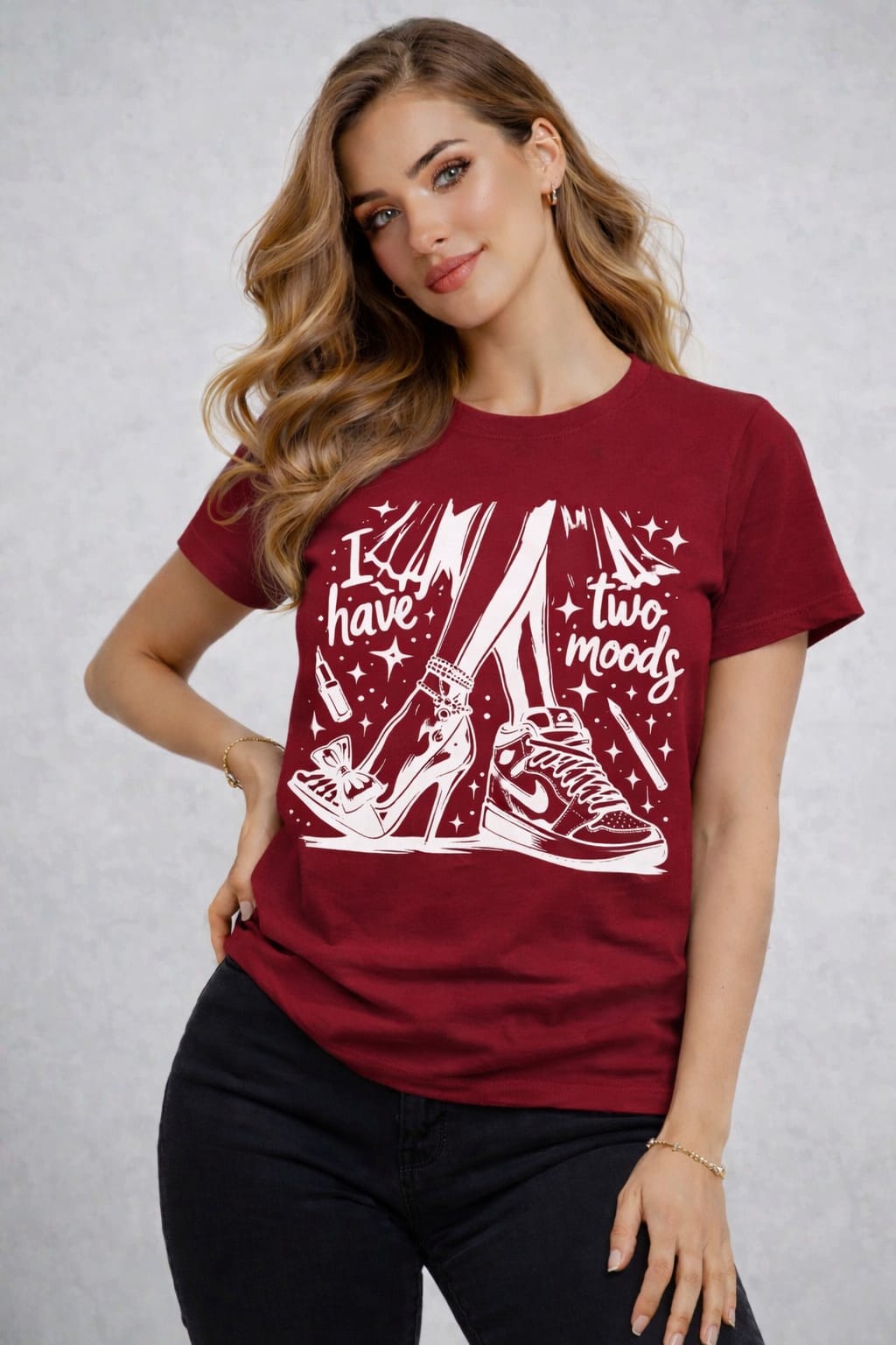 Women’s Cotton Lycra Slim Fit Graphic T-Shirt | “Two Moods” Print Tee | 5 Colors | XS–L