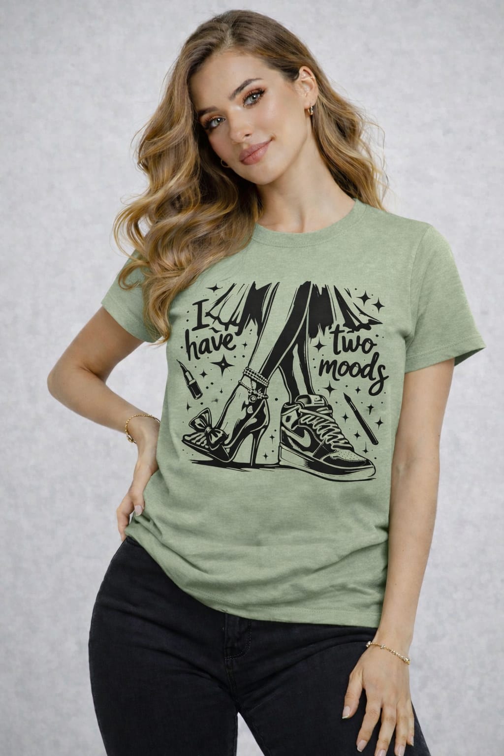 Women’s Cotton Lycra Slim Fit Graphic T-Shirt | “Two Moods” Print Tee | 5 Colors | XS–L
