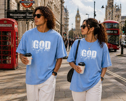 Couple Matching Drop Shoulder T-Shirts – Cotton Lycra Puff Print “God Got Me” Tee Combo