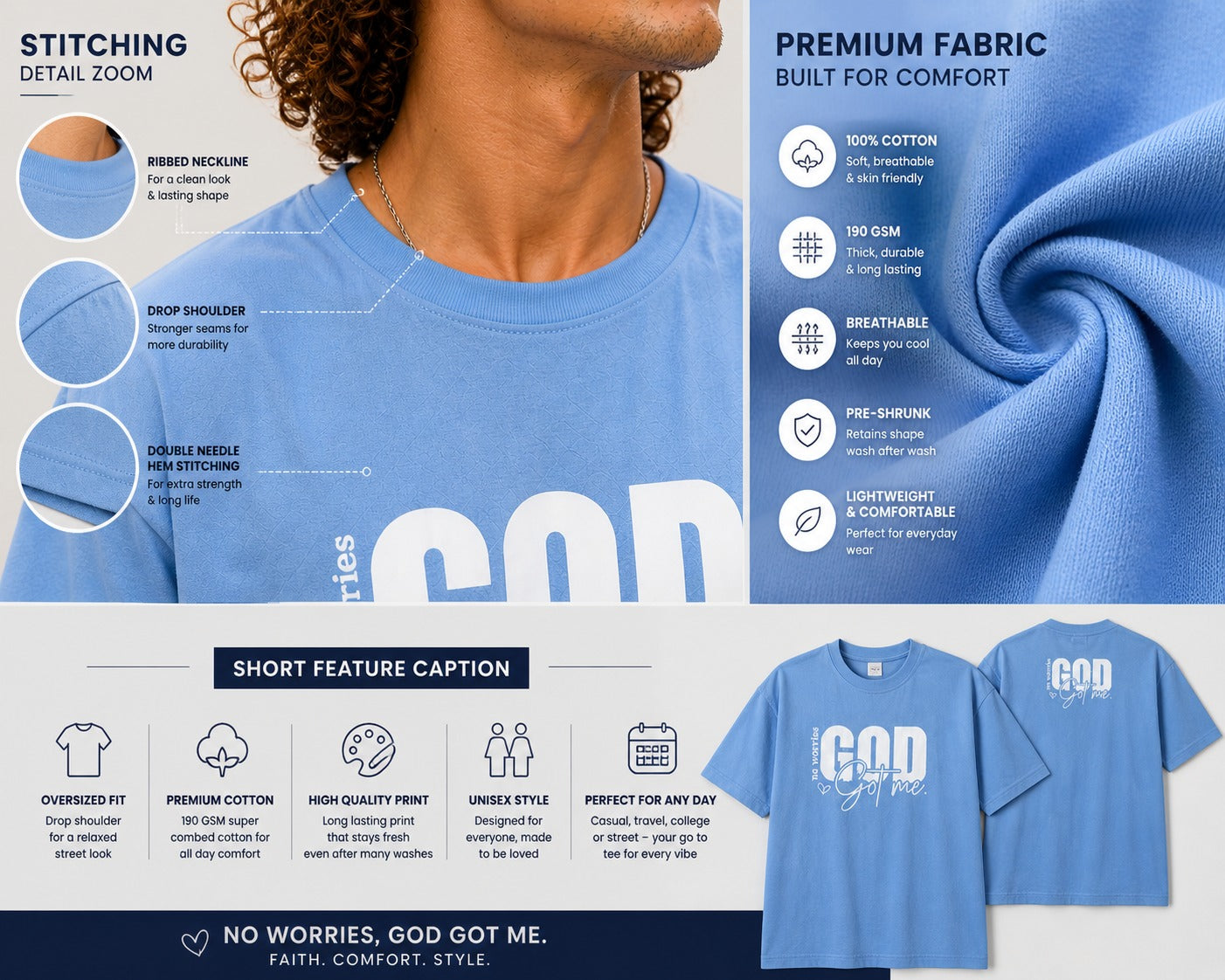 Couple Matching Drop Shoulder T-Shirts – Cotton Lycra Puff Print “God Got Me” Tee Combo