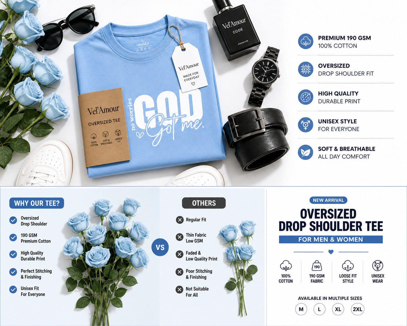 Couple Matching Drop Shoulder T-Shirts – Cotton Lycra Puff Print “God Got Me” Tee Combo